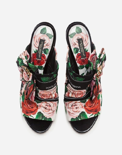 Shop Dolce & Gabbana Printed Charmeuse Mules With Bejeweled Buckle In Floral Print