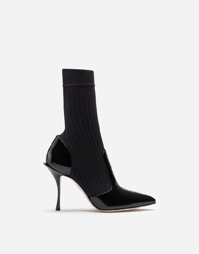 Shop Dolce & Gabbana Shiny Calfskin Ankle Boots With Stockinette In Black