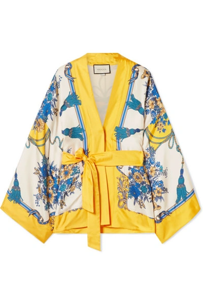 Shop Gucci Belted Printed Silk-twill Top In Yellow