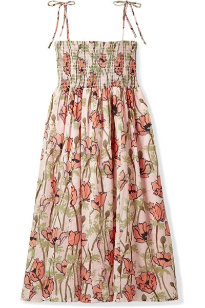 Shop Tory Burch Smocked Floral-print Cotton-voile Midi Dress In Pink