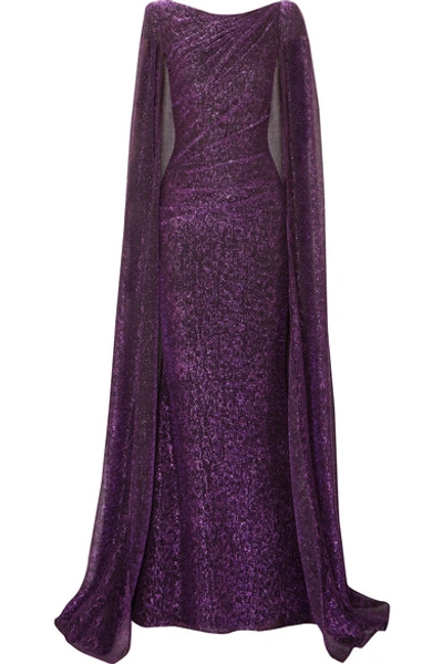 Shop Talbot Runhof Cape-effect Draped Metallic Voile Gown In Purple
