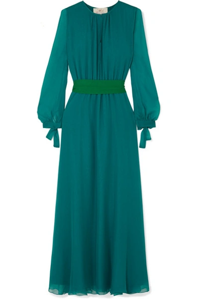 Shop Aross Girl X Soler Amanda Silk-georgette Maxi Dress In Emerald