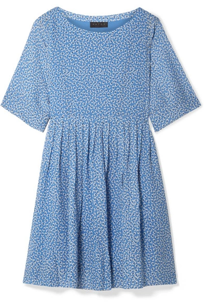 Shop Hatch The Lucia Pleated Floral-print Chiffon Dress In Light Blue