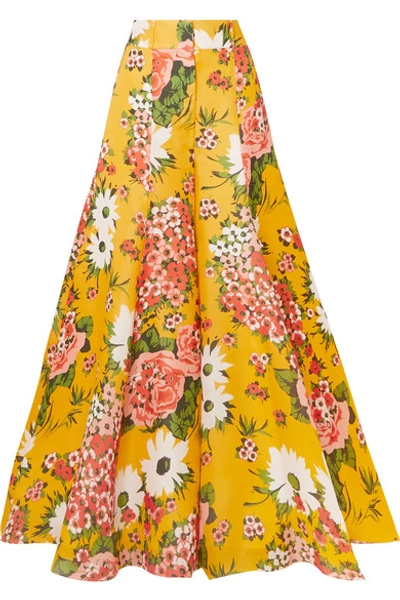 Shop Carolina Herrera Floral-print Silk-organza Wide-leg Pants In Yellow