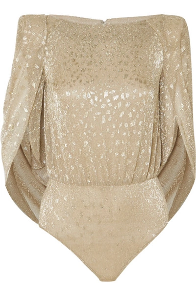 Shop Talbot Runhof Cape-effect Metallic Voile Bodysuit In Gold