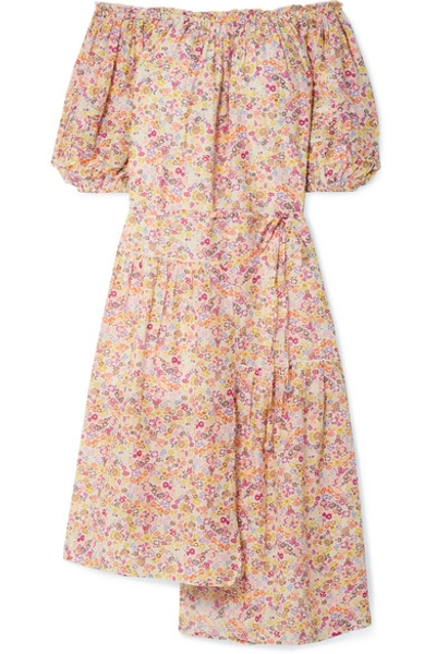 Shop Apiece Apart Sandrine Off-the-shoulder Floral-print Cotton And Silk-blend Voile Midi Dress In Pastel Pink