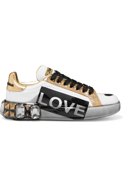 Shop Dolce & Gabbana Embellished Printed Metallic-trimmed Leather Sneakers In White