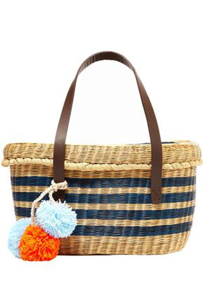 Shop Sophie Anderson Woman Serenella Pompom-embellished Leather-trimmed Woven Raffia Tote Blue