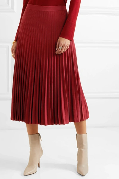 Shop Agnona Pleated Silk Midi Skirt In Red