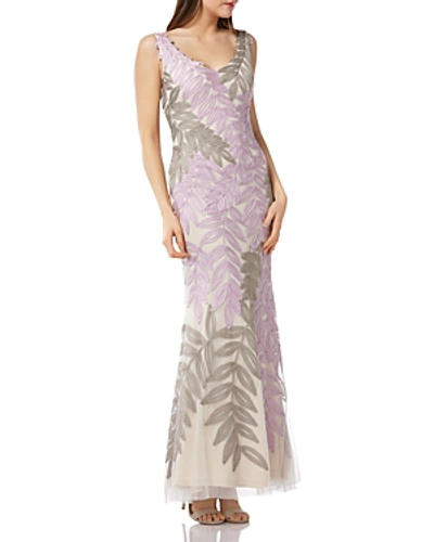 Shop Js Collections Embroidered Leaf Gown In Pink Sand