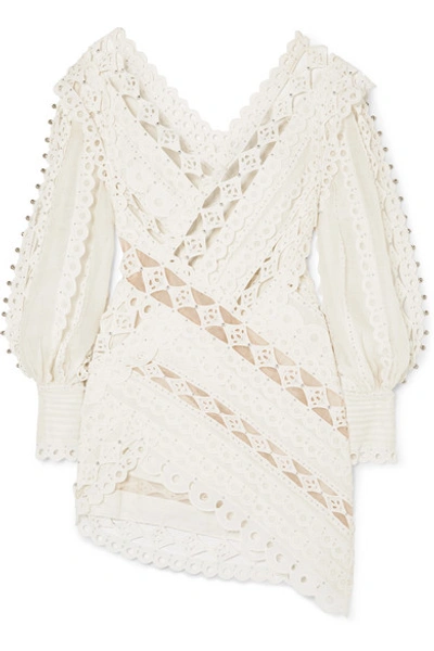 Shop Zimmermann Moncur Studded Paneled Broderie Anglaise Cotton Mini Dress In Ivory