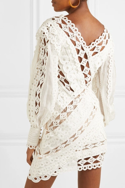 Shop Zimmermann Moncur Studded Paneled Broderie Anglaise Cotton Mini Dress In Ivory