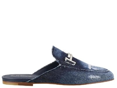 Shop Tod's Sabot Double T Denim Mules In Blue