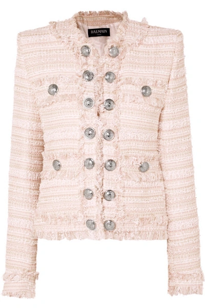 Shop Balmain Button-embellished Fringed Tweed Blazer In Pink