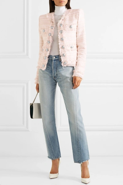 Shop Balmain Button-embellished Fringed Tweed Blazer In Pink