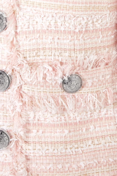 Shop Balmain Button-embellished Fringed Tweed Blazer In Pink