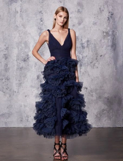 Shop Marchesa Notte Navy Blue Sleeveless Tulle Midi_tea Dress N18g0465