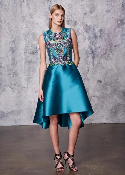 Shop Marchesa Notte Blue Sleeveless Mikado Cocktail Dress In Peacock