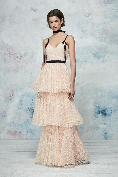 Shop Marchesa Notte Sleeveless Striped Lace Tiered Gown In Blush