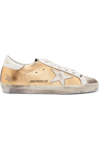 golden goose superstar distressed metallic leather and suede sneakers
