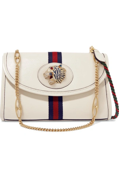 Shop Gucci Rajah Small Embellished Leather Shoulder Bag In White