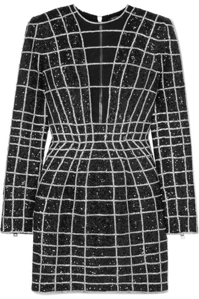 Shop Balmain Crystal-embellished Stretch-mesh Mini Dress In Black