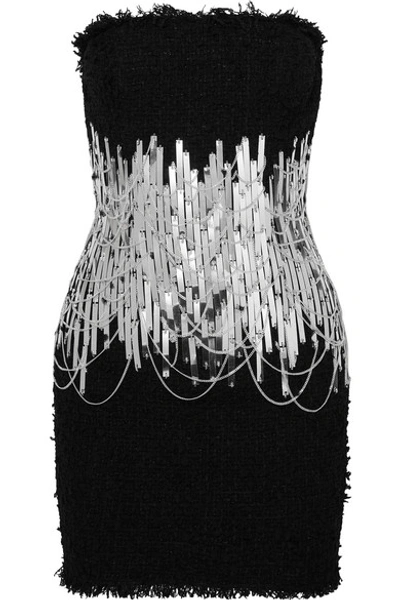 Shop Balmain Embellished Strapless Tweed Mini Dress In Black