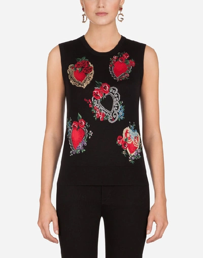 Shop Dolce & Gabbana Wool And Silk Sweater With Heart Intarsia In Black