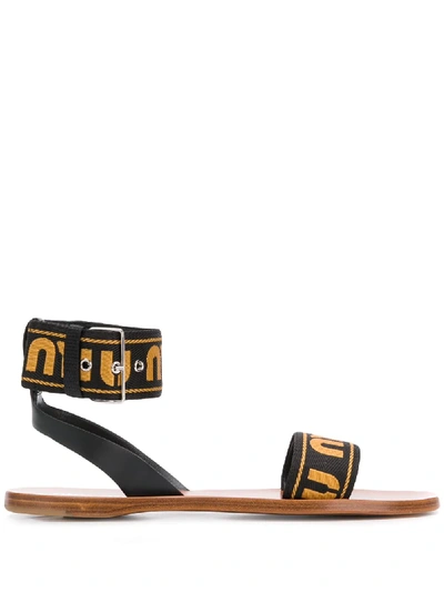 Shop Miu Miu Contrast Logo Flat Sandals - Black
