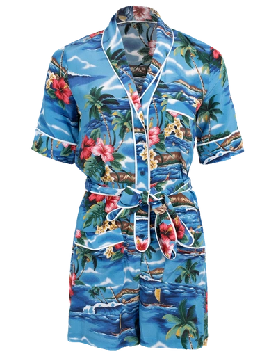 Shop Le Superbe Tropical Print Belted Romper In Pacific