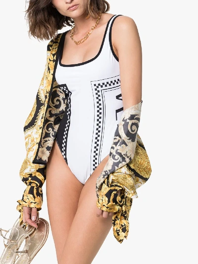 Shop Versace Logo-print Swimsuit In A7001 Bianco