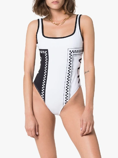 Shop Versace Logo-print Swimsuit In A7001 Bianco