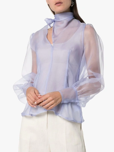 Shop Beaufille Rosseau Sheer Tie Neck Silk Blouse In Blue