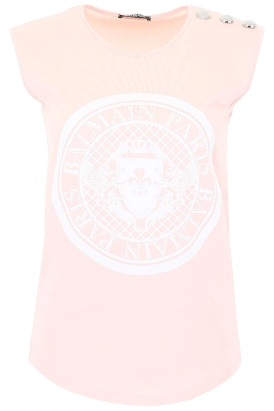 Shop Balmain Three-button Top With Logo In White Rose|rosa