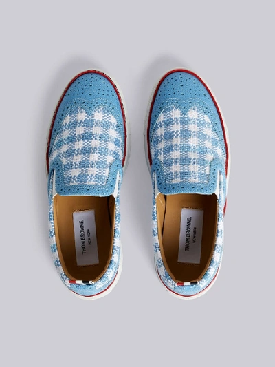 Shop Thom Browne Brogued Gingham Tweed Slip-on Sneaker In Blue