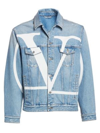 Shop Valentino Long-sleeve Logo Denim Jacket In Denim Chiaro