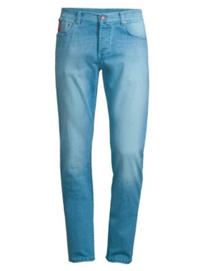 Shop Isaia Men's Slim-fit Faded Jeans In Turquoise