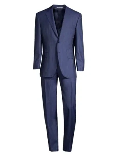 Shop Canali Single-breasted Wool Pinstripe Suit In Dark Blue
