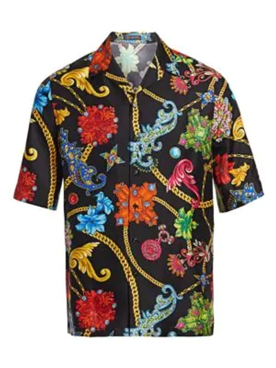 Shop Versace Floral Silk Short-sleeve Shirt In Black Multi