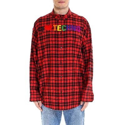 Shop Balenciaga I Love Techno Checkered Shirt In Red