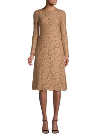 Shop Valentino Floral Lace Dress In Latte