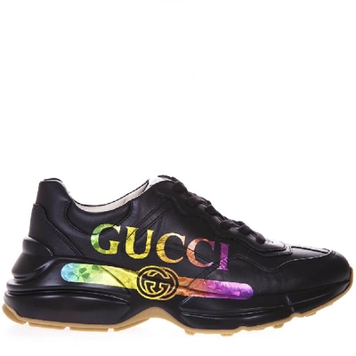 Gucci Rhyton Metallic Logo-print Leather Sneakers In Black | ModeSens