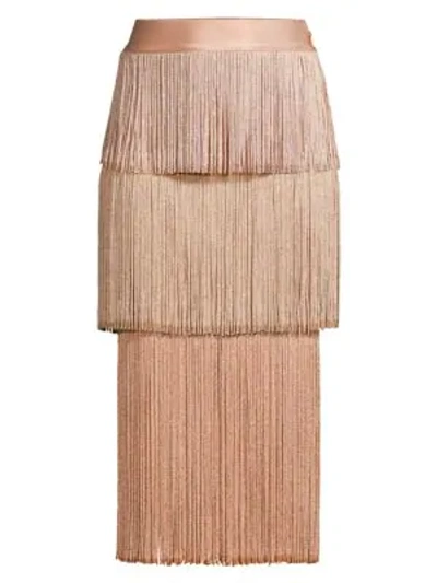 Shop Herve Leger Tiered Fringe Midi Skirt In Rose Blush