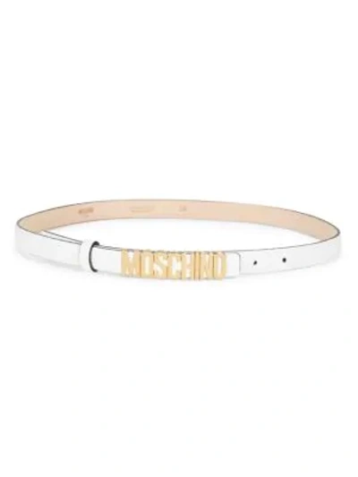 Shop Moschino Logo Plaque Leather Belt In Bianco