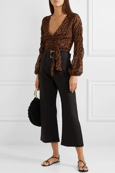 Shop Nicholas Ruched Leopard-print Silk-chiffon Wrap Top In Brown