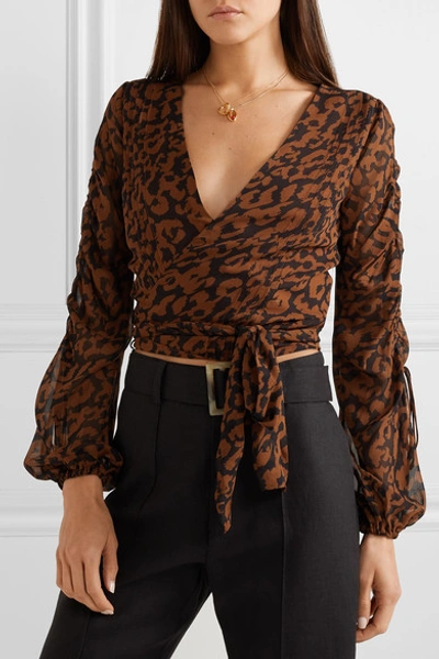 Shop Nicholas Ruched Leopard-print Silk-chiffon Wrap Top In Brown