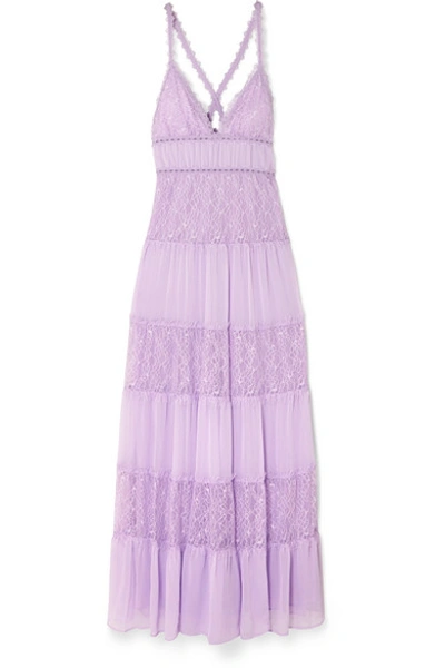 Shop Alice And Olivia Amena Tiered Lace And Crepon Maxi Dress In Lilac