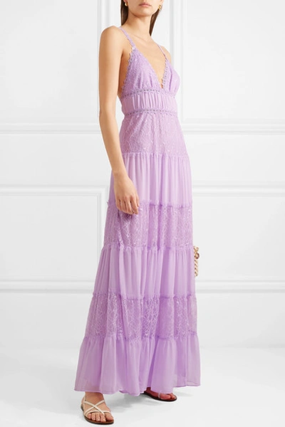 Shop Alice And Olivia Amena Tiered Lace And Crepon Maxi Dress In Lilac