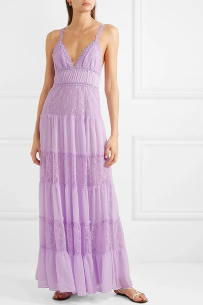 Shop Alice And Olivia Amena Tiered Lace And Crepon Maxi Dress In Lilac