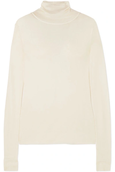 Shop Agnona Pointelle-knit Silk Turtleneck Sweater In White